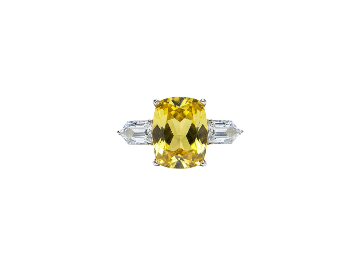 Shiza Gems large cushion-cut golden yellow citrine ring with baguette accents in sterling silver.