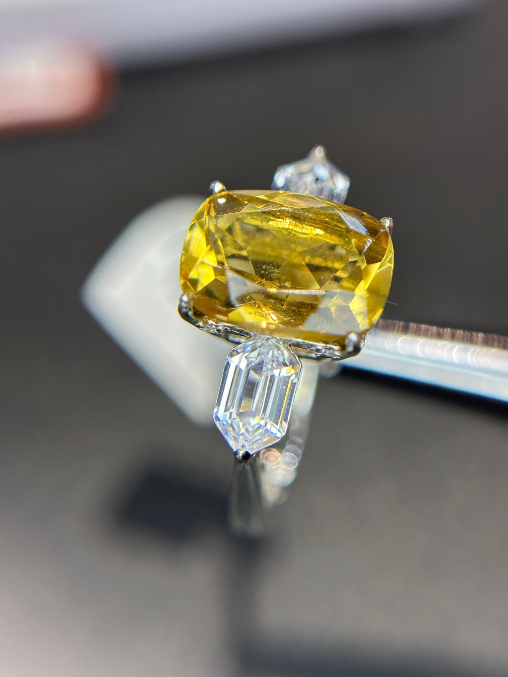 Shiza Gems golden yellow cushion-cut citrine ring with baguette accents in sterling silver.