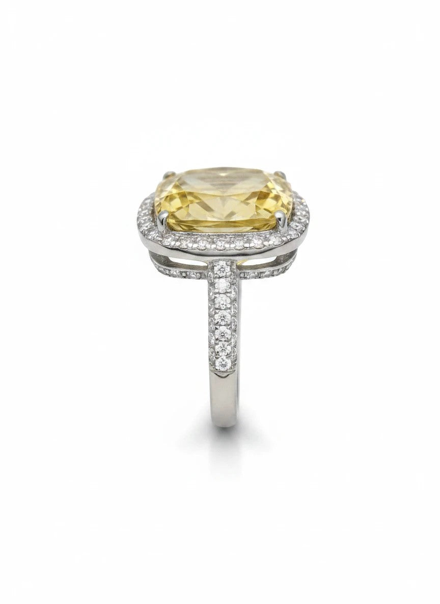 Shiza Gems large square cushion-cut golden yellow citrine ring with CZ halo in sterling silver.