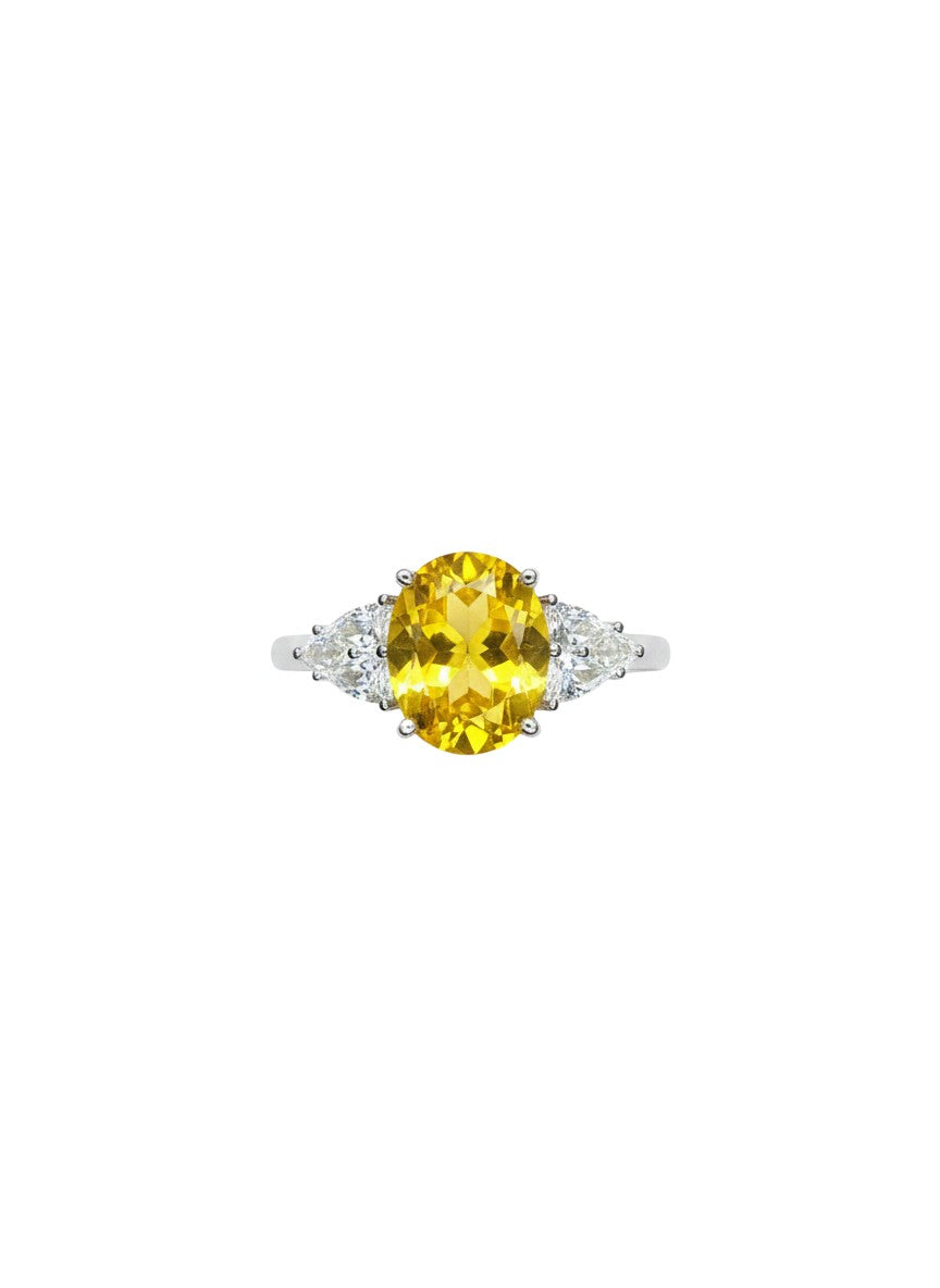 Shiza Gems large oval golden yellow citrine ring with pear accents and full pavé cubic zirconia in sterling silver.