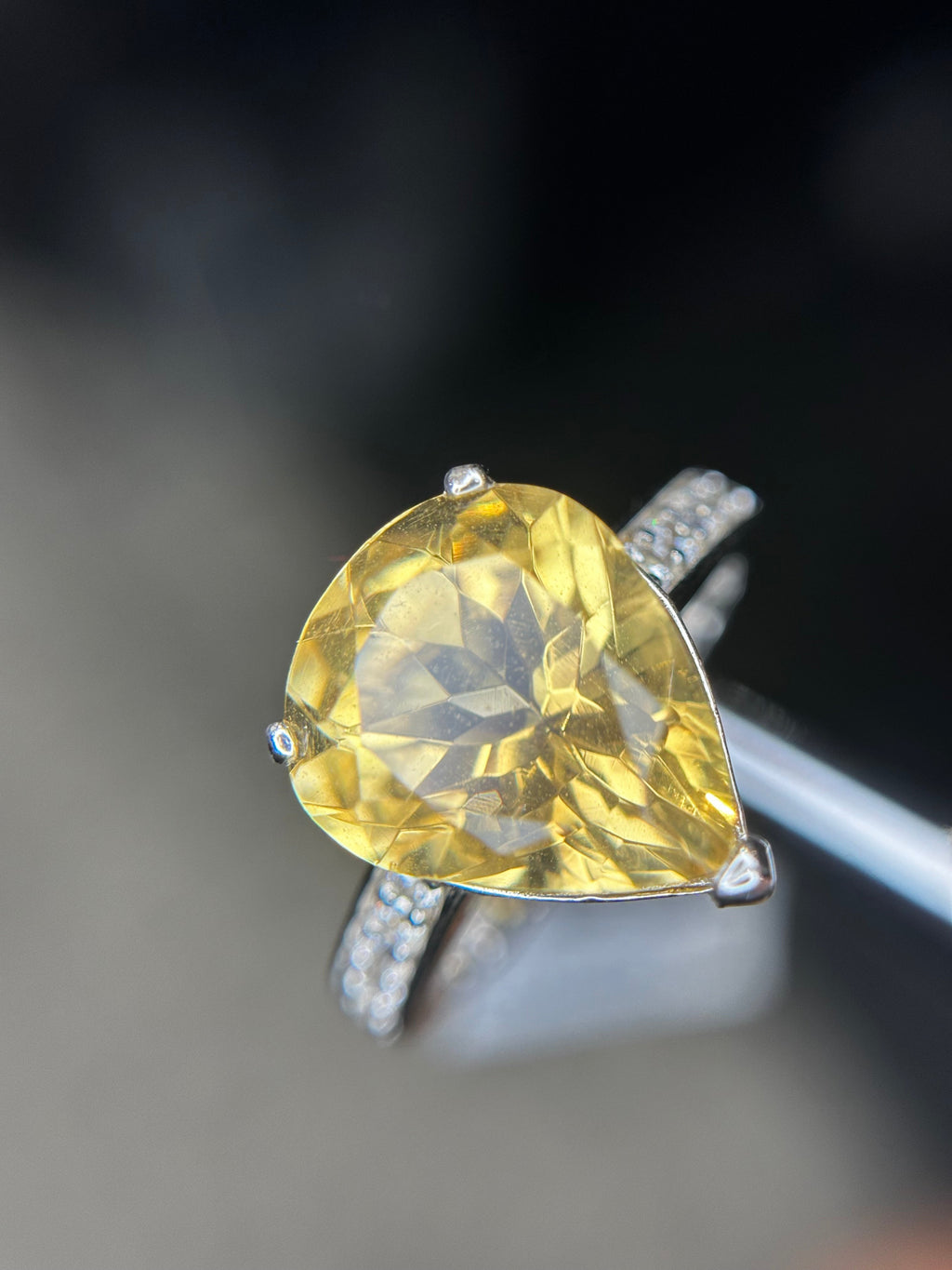 Shiza Gems large pear-cut golden yellow citrine ring with sparkling pavé band in sterling silver.