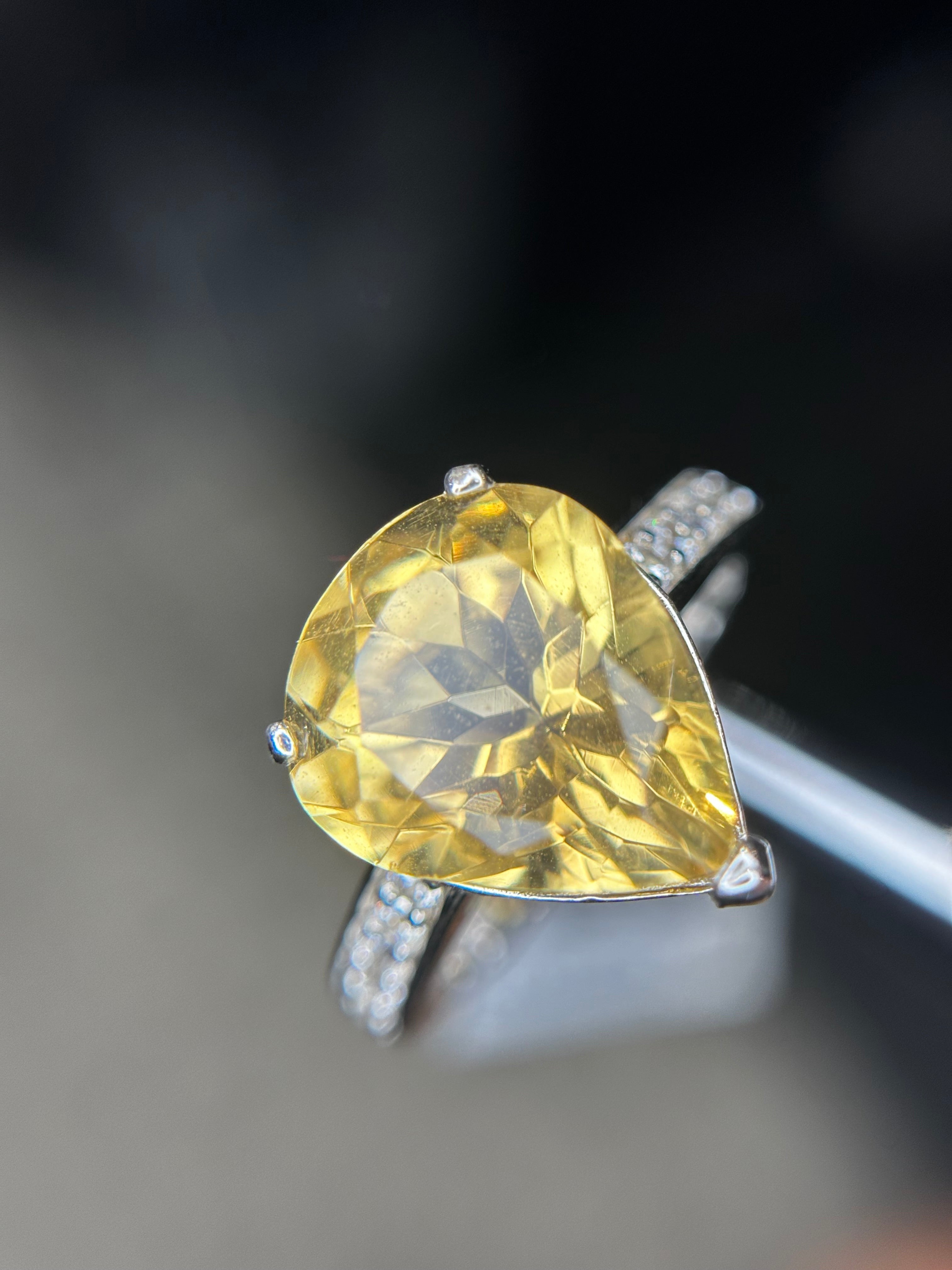 Shiza Gems large pear-cut golden yellow citrine ring with sparkling pavé band in sterling silver.