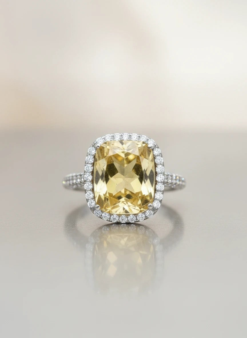 Shiza Gems large cushion-cut golden yellow citrine ring with CZ halo in sterling silver.