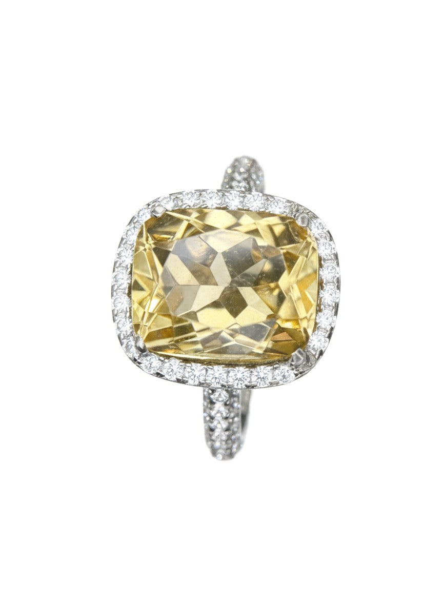 Shiza Gems cushion-cut citrine ring with diamond halo and band. Yellow gemstone ring.