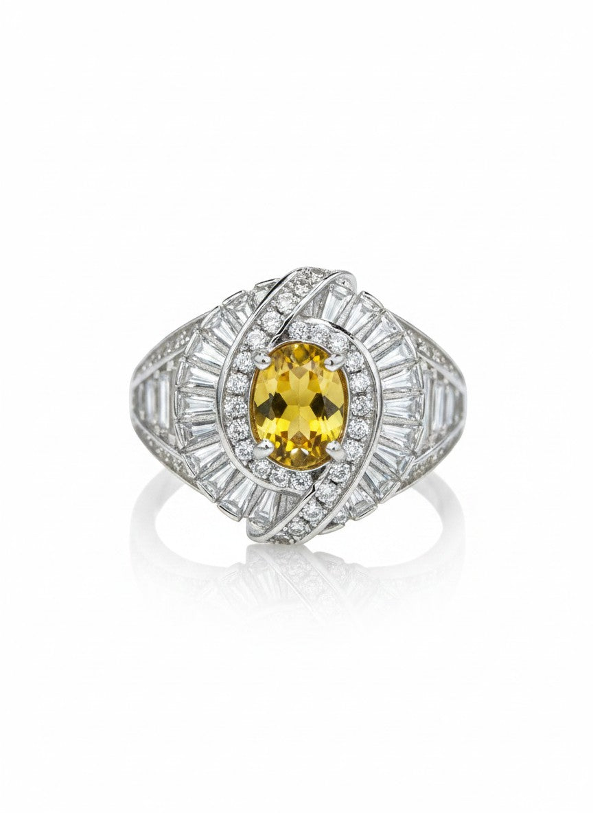 Shiza Gems oval golden yellow citrine ring with double halo of baguette and pavé cubic zirconia in sterling silver.