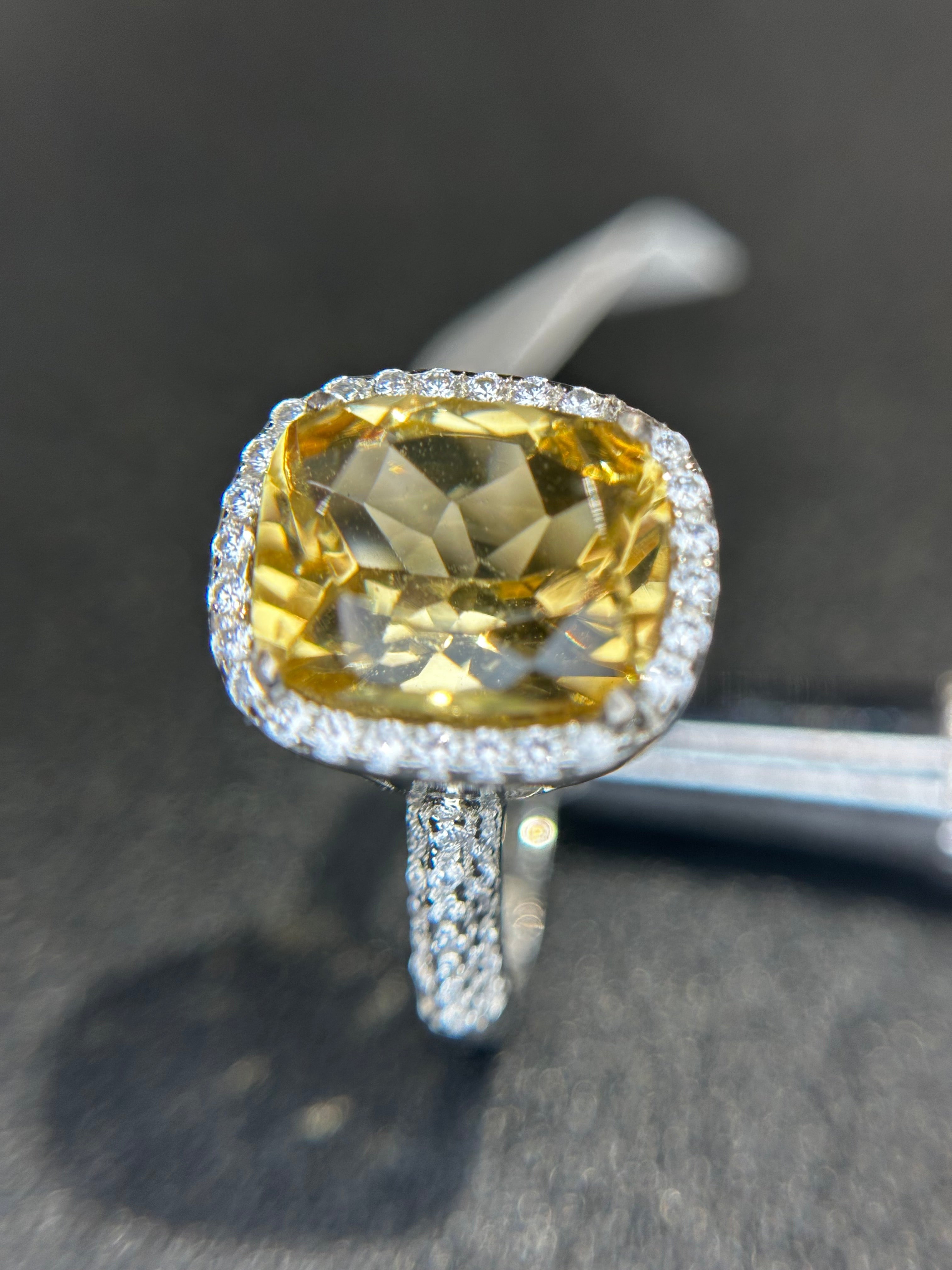 Shiza Gems large square cushion-cut golden yellow citrine ring with CZ halo in sterling silver.