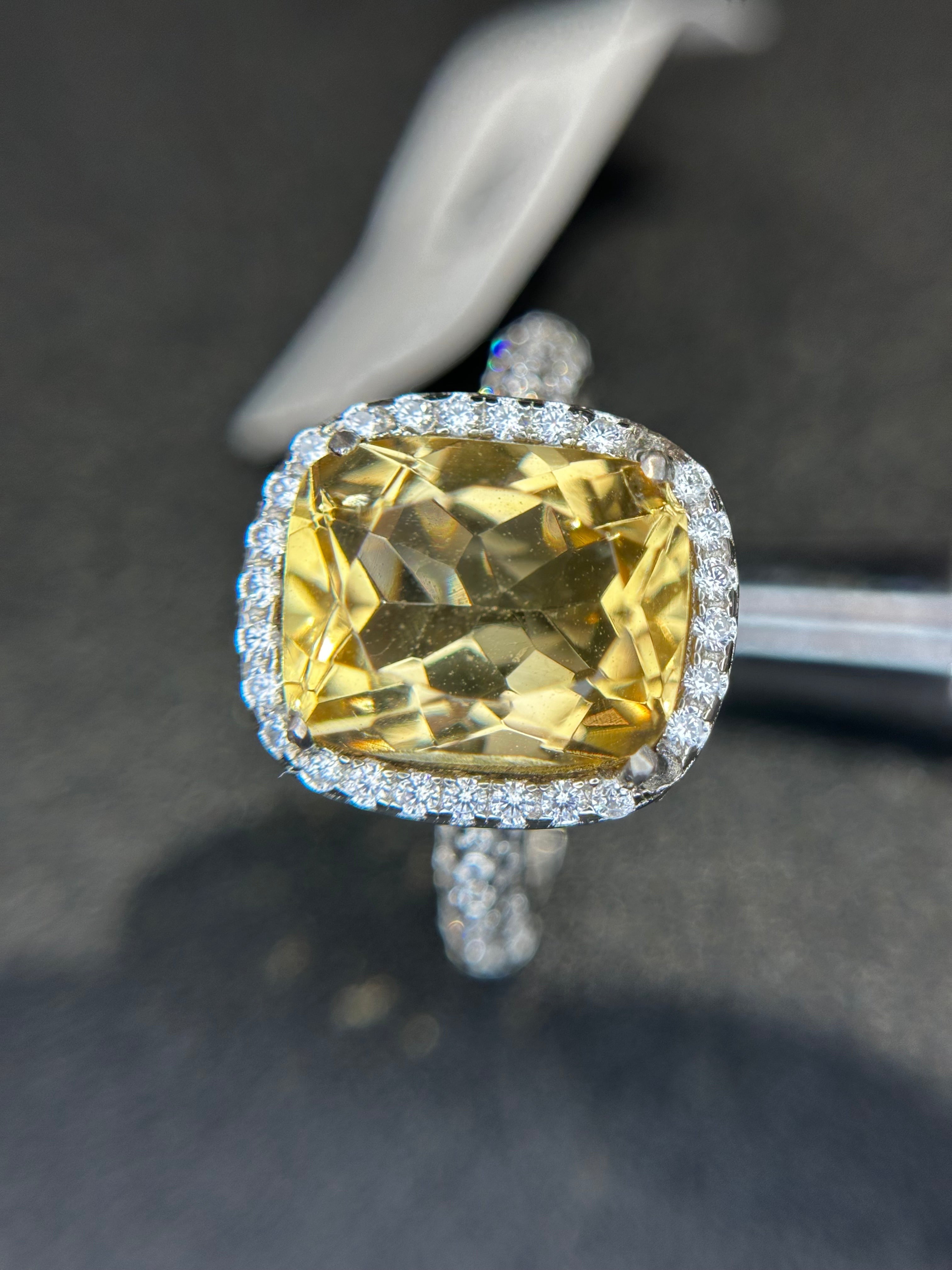 Shiza Gems large square cushion-cut golden yellow citrine ring with CZ halo in sterling silver.