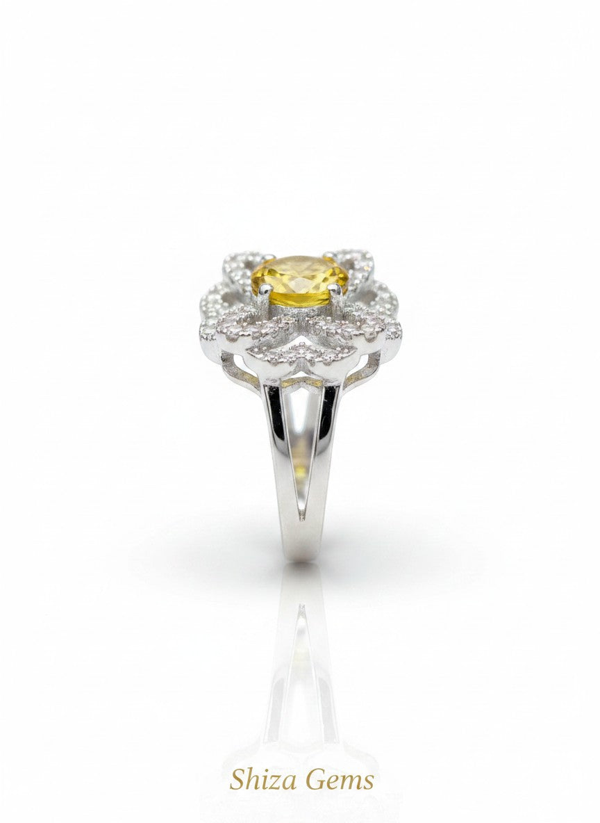 Shiza Gems oval golden yellow citrine ring with intricate woven pave CZ design in sterling silver.