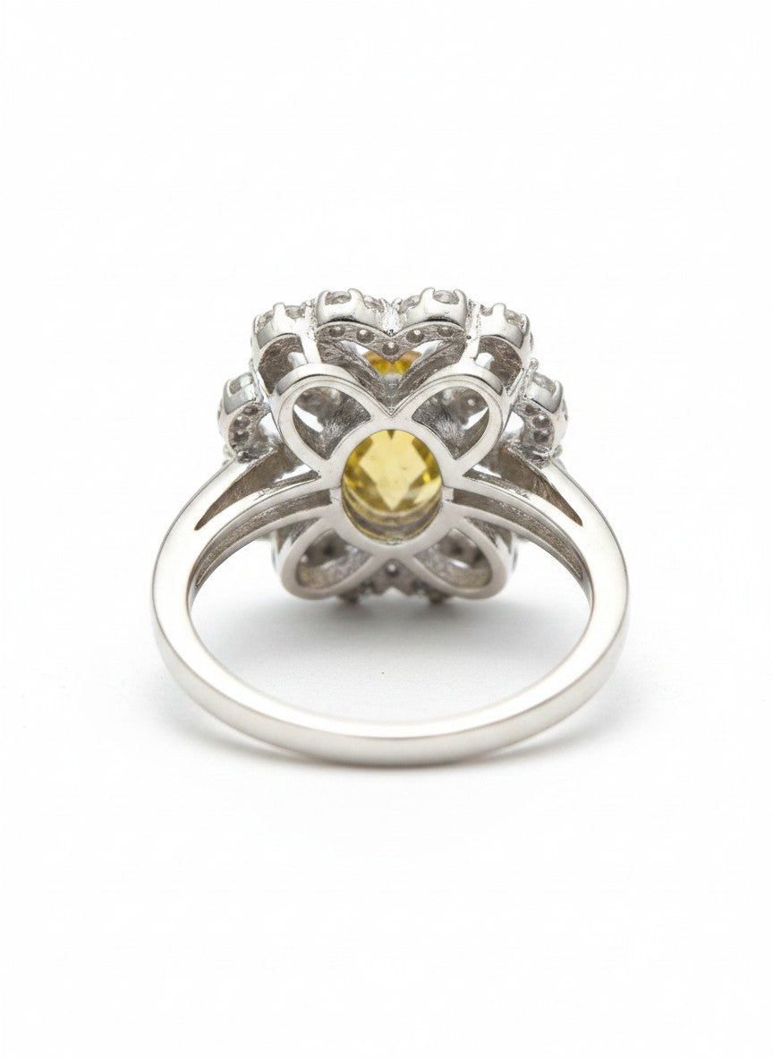 Shiza Gems oval golden citrine ring with intricate woven pave CZ design in sterling silver.