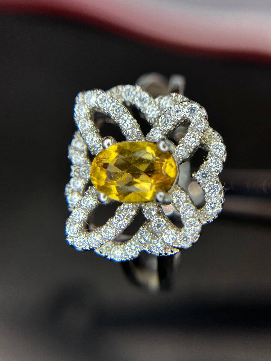 Shiza Gems oval golden citrine ring with intricate woven pave CZ design in sterling silver