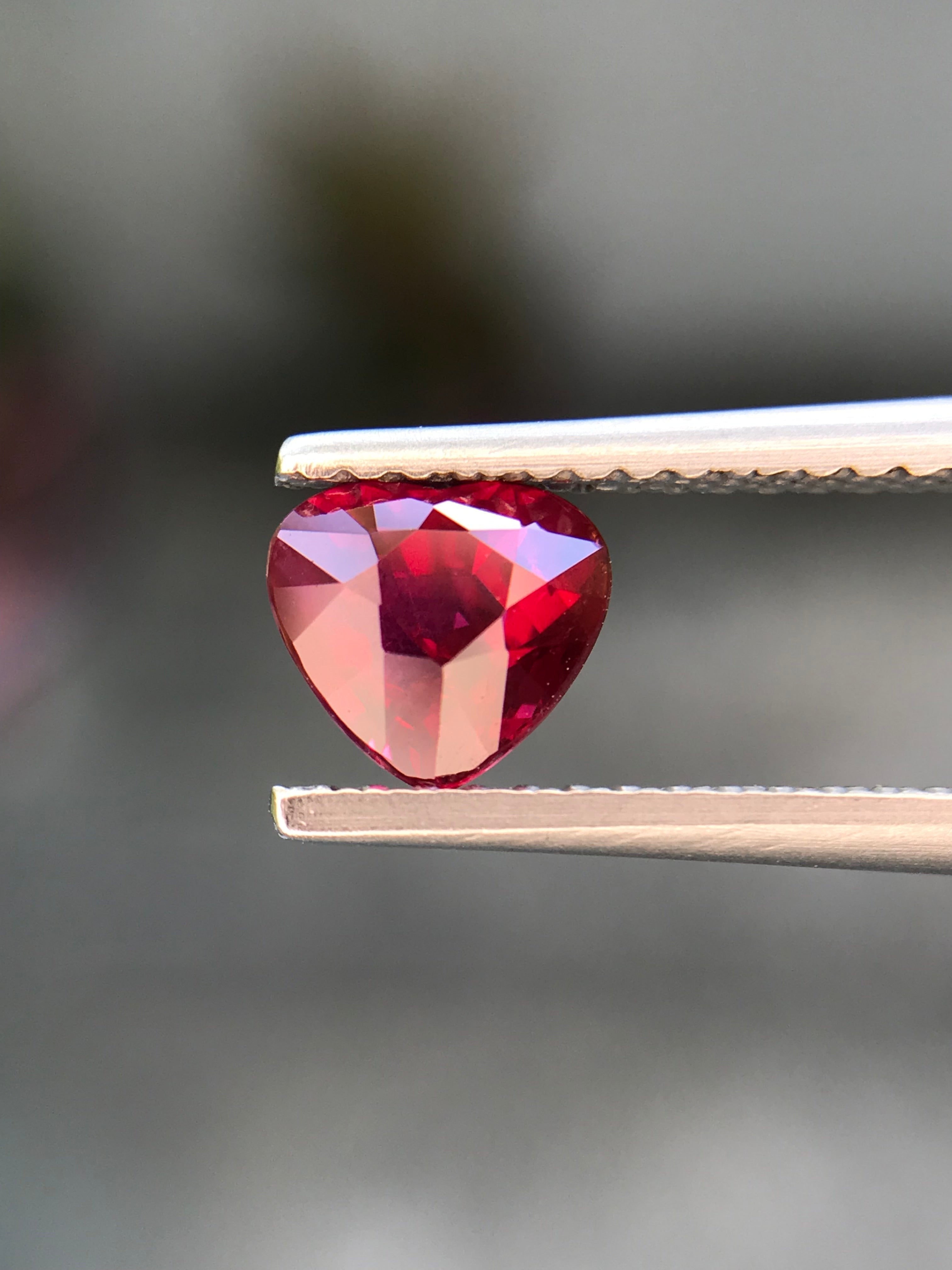 Shiza Gems 1.04 ct heart-cut vivid red unheated ruby gemstone from Mozambique.