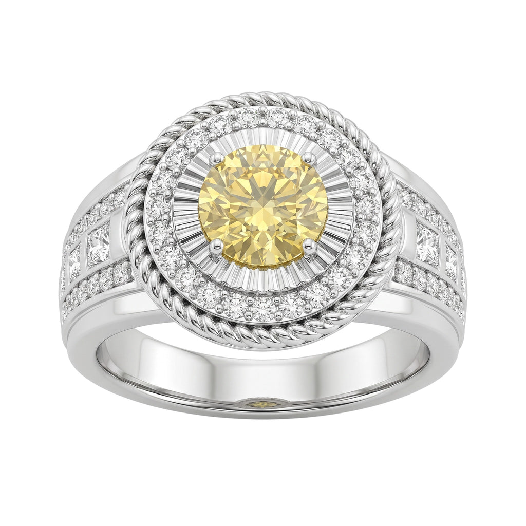 Shiza Gems men's sterling silver ring with round golden yellow moissanite, pavé halo, and green accents.