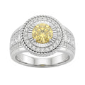 Shiza Gems men's sterling silver ring with round golden yellow moissanite, pavé halo, and green accents.