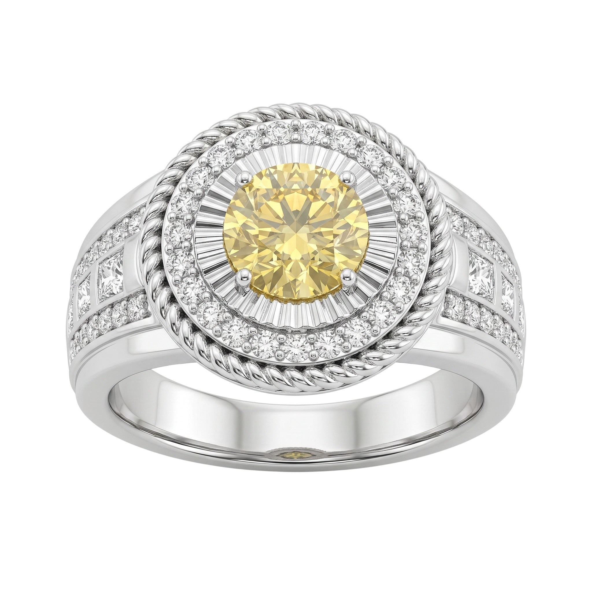 Shiza Gems men's sterling silver ring with round golden yellow moissanite, pavé halo, and green accents.