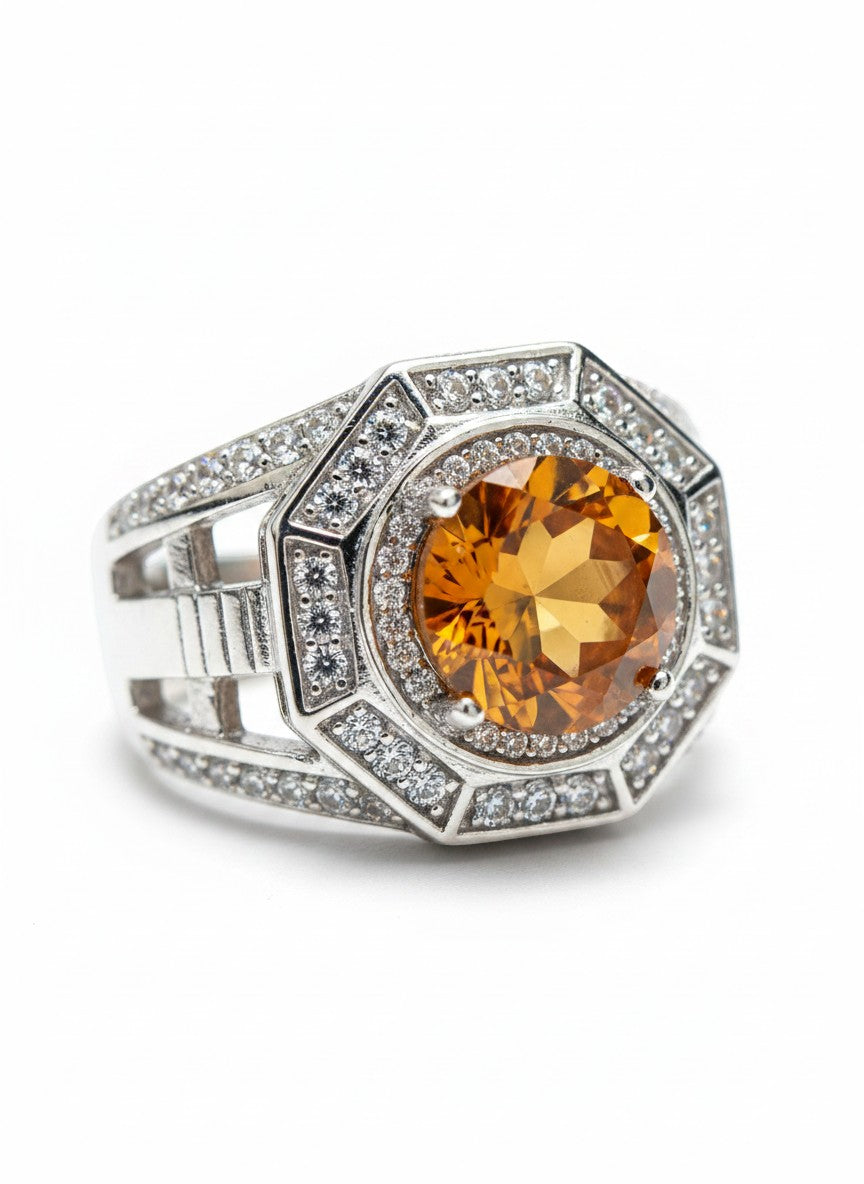 Shiza Gems men's ring with large oval golden-orange citrine, surrounded by pave CZ, in sterling silver.
