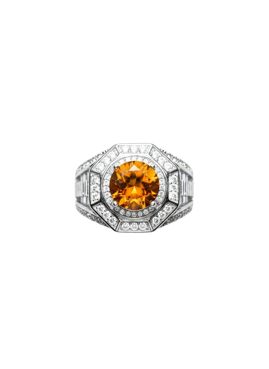 Shiza Gems men's ring with large oval golden-orange citrine center, surrounded by pave CZ in sterling silver.