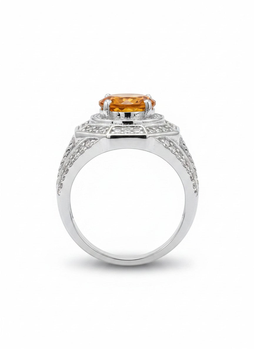 Shiza Gems men's ring with large oval golden-orange citrine, surrounded by pave CZ in sterling silver. Geometric design.