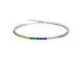 Shiza Gems multi color CZ tennis bracelet in sterling silver with rainbow gemstones and a secure clasp.