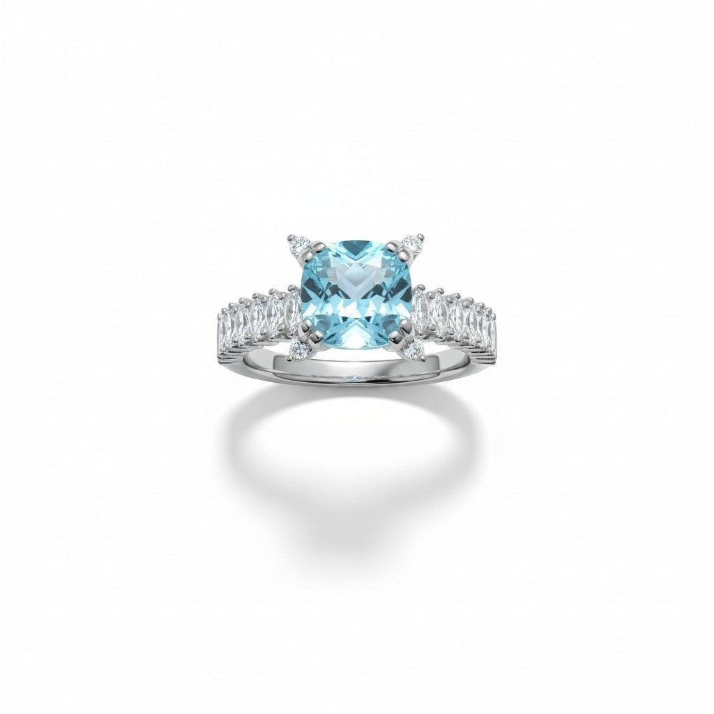 Shiza Gems Cushion-cut sky blue topaz ring with marquise accent stones in 925 silver.