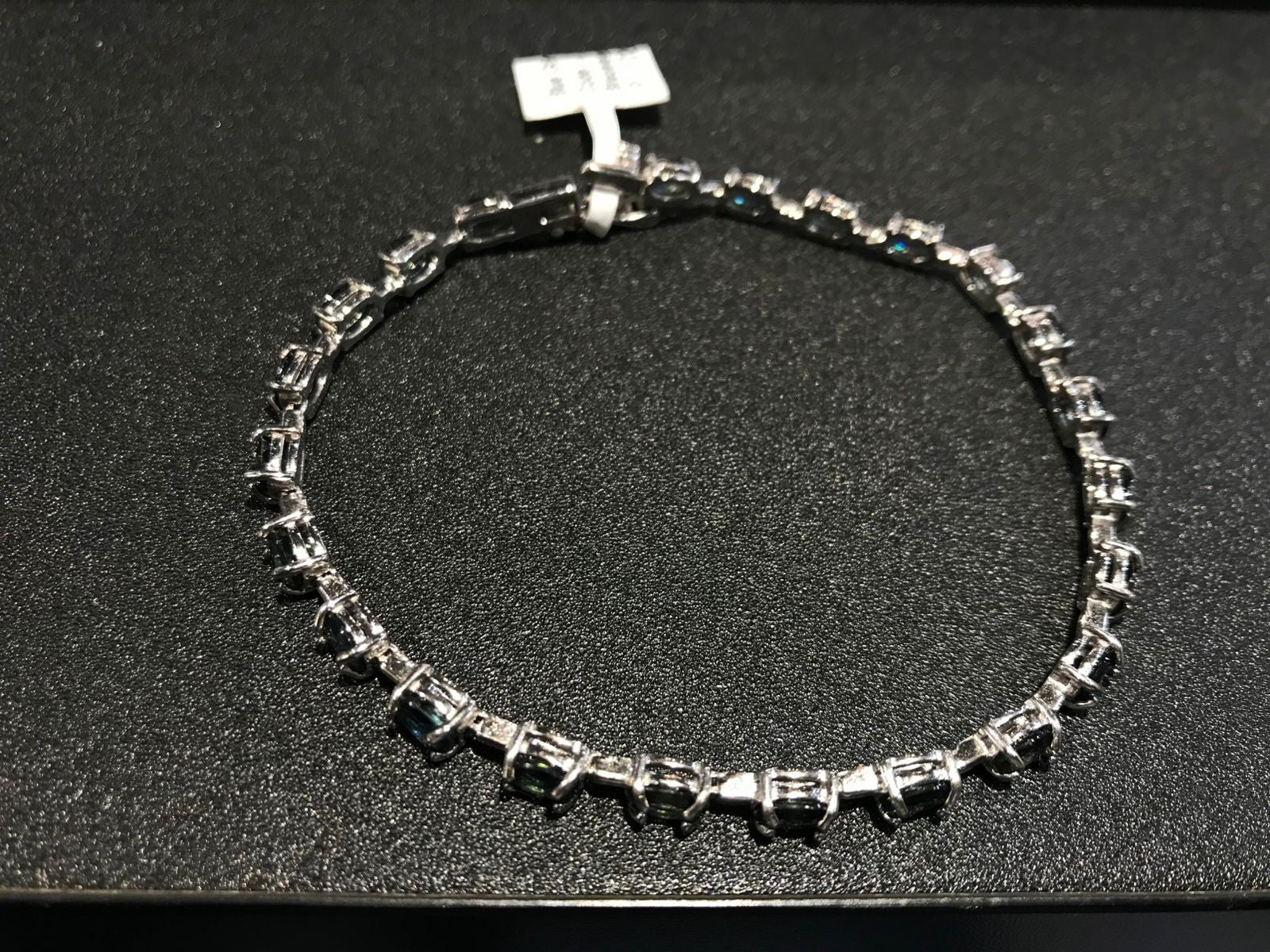 Shiza Gems oval teal sapphire and cubic zirconia tennis bracelet in sterling silver