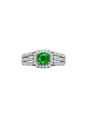 Shiza Gems Tsavorite silver ring with a square halo of small diamonds surrounding a round green tsavorite gemstone.